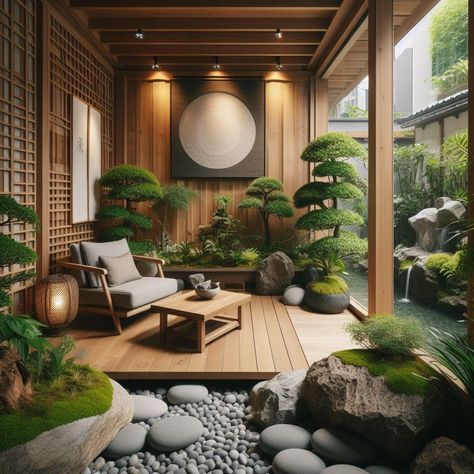 Indoor Zen Gardens: Tranquil Corner in the Home Zen Interiors Design, Indoor Garden House Design, Zen Garden Small Backyard, Asian Deck Ideas, Japanese Inspired Decor Home, Japanese Small Garden Ideas, Beautiful Corners In The House, Japanese Style Patio, Home Japanese Garden