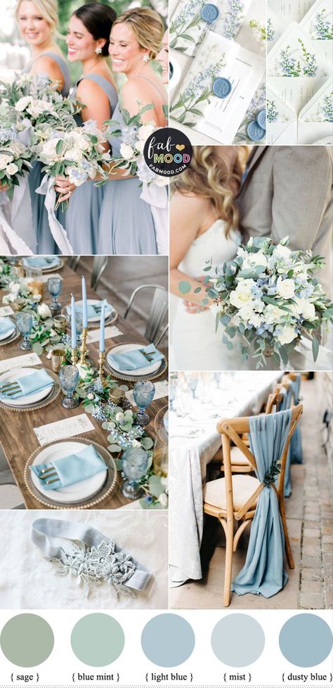 Dusty Blue Sage Green And Blush Wedding, Wedding Light Green Theme, April Theme Wedding, Light Blue And Cream Wedding Theme, Dusty Blue And Mint Green Wedding, Dusty Blue And Sage Green Wedding Colors, Wedding Themes Light Blue, Fall Wedding Ideas Blue, Wedding Color Light Blue