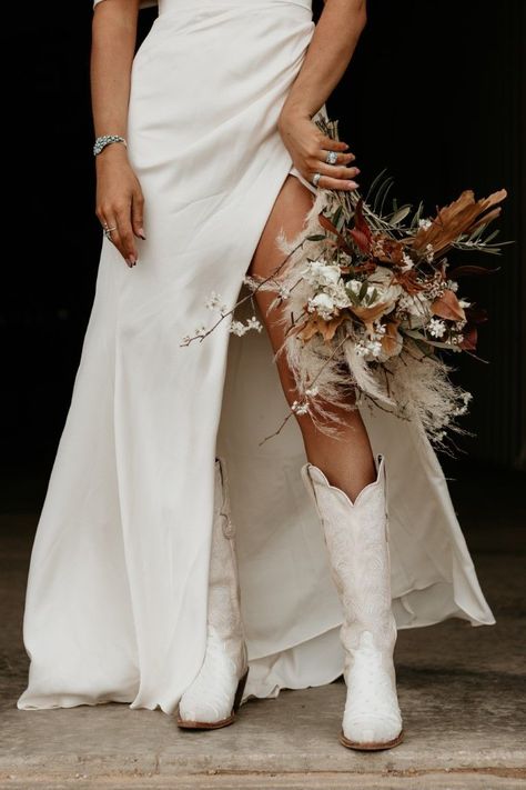 Wedding Dress And Boots Country, Single Mom Wedding Ideas, Outside Western Wedding Ideas, Wedding Dress With Boots Country, Groomsmen Attire Summer Wedding, Wall Print Ideas, Country Wedding Dresses With Boots, Wedding Dress Cowboy Boots, Wedding Dress With Cowboy Boots