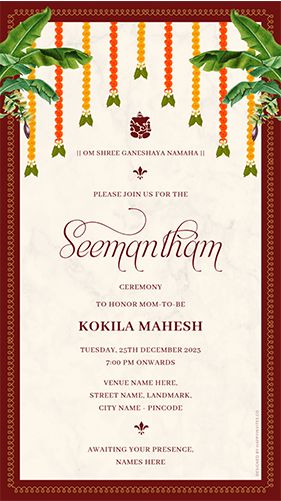 Traditional Indian Seemantham Invitation Card Online Sreemantham Invitation Templates, Seemantham Invitation Card Traditional, God Bharai Invitation, Seemantham Invitation Card Template, Traditional Invitation Templates, Sreemantham Invitation Card, Godh Bharai Invitations, Baby Shower Invitation Cards Indian, Indian Wedding Invitation Templates Free Editable