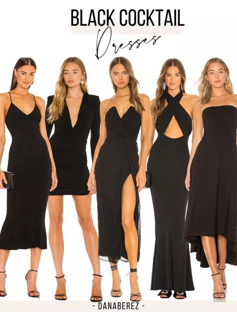 All Black Dress Code Party, Black Cocktail Dress Long, Womens Cocktail Dress, Summer Black Tie Wedding Guest Dress Cocktail, Black Formal Cocktail Dress, All Black Party Attire, Coctail Attaire Woman 2023, Black Coctail Dresses Outfit, Cocktail Party Outfit Black