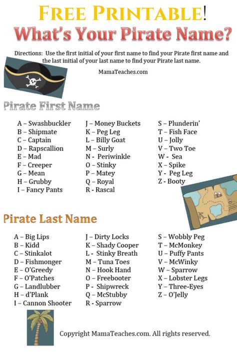 Find Your Pirate Name for Talk Like a Pirate Day – Pirate Name List - Mama Teaches Minions, Pandas, Pirate Name Generator, Pirate Name, Pirate Week, Pirate Unit, Pirate Ideas, Silly Holidays, Pirate Names