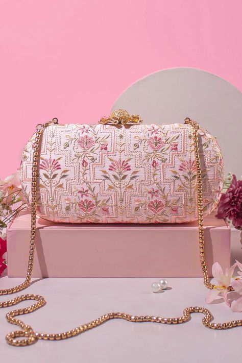 Pink Floral Geometric Patterned & Thread Embroidered Capsule Clutch Embroidered Clutch Bag, Fancy Clutch, Silk Clutch, Embroidered Clutch, Clutches For Women, Party Clutch, Floral Bags, Floral Geometric, Printed Clutch