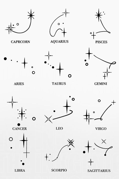 Star zodiac signs for tattoo ideas! Tattoo According To Zodiac Sign, February Zodiac Sign Tattoo, Tattoo Ideas For Zodiac Signs, Minimalist Tattoo Astrology, Zodiac Sign Back Tattoo, Two Zodiac Sign Tattoos, Zodiac Sign Hand Tattoo, September Star Sign Tattoo, Birth Flower With Zodiac Sign Tattoo