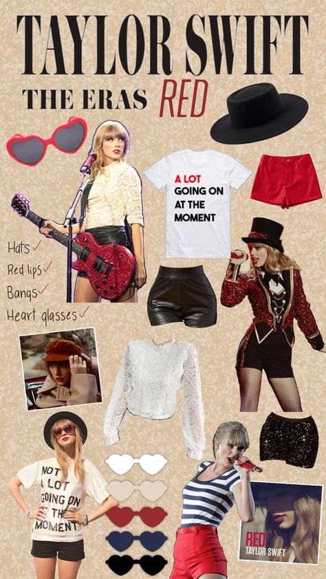 Red Hat Taylor Swift, Taylor Swift A Lot Going On, Red Era Aesthetic Outfits, Iconic Taylor Swift Outfits Red, Red Tour Taylor Swift Outfits, Red Era Concert Outfit, Taylor Swift Outfit Red Era, Taylor Swift Era Outfits Red, 22 Eras Tour Outfit