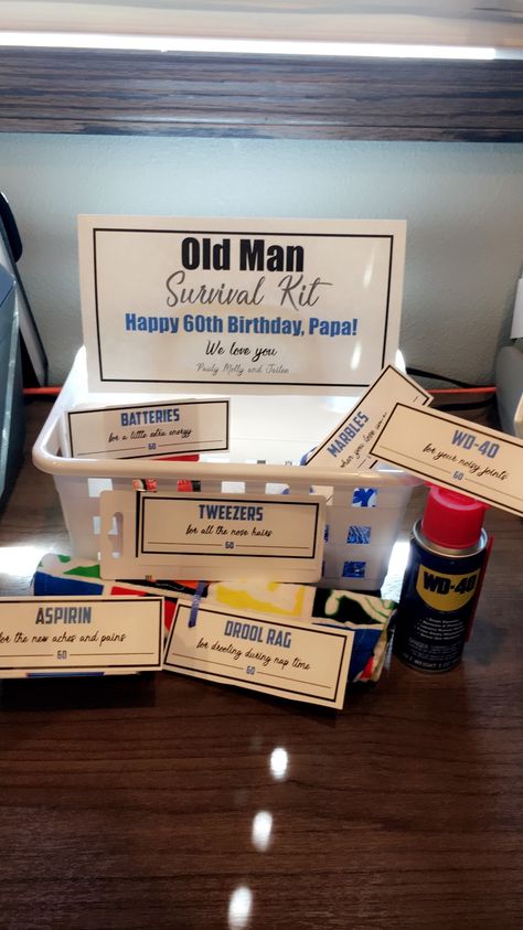 Old Man Survival Kit WD40, Tweezers, drool bib, marbles, aspirin, batteries 50th Birthday Survival Kit For Him, 60th Gifts For Men, Humour, 50 Survival Kit Birthdays, 60 Survival Kit, 60th Survival Kit, 60th Birthday Survival Kit Funny, Over The Hill Gifts Men, Old Man Survival Kit