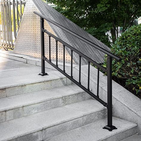 VEVOR Outdoor Stair Railing, Fits for 1-5 Steps Transitional Wrought Iron Handrail, Adjustable Exterior Stair Railing with Fence, Handrails for Concrete Steps with Installation Kit, Matte Black - - Amazon.com Step Railing Outdoor, Handrails For Concrete Steps, Steps Outdoor, Exterior Stair Railing, Outdoor Handrail, Metal Stair Railing, Outdoor Stair Railing, Wrought Iron Handrail, Step Railing