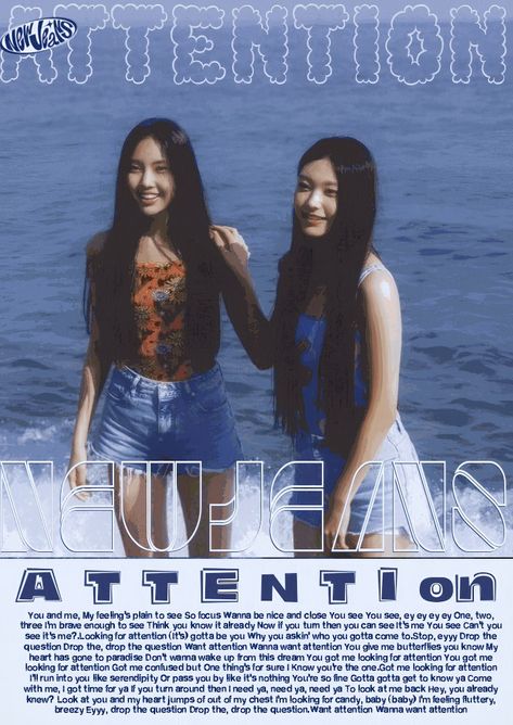 Attention Newjeans Aesthetic, Summer Like Attention, Newjeans Typography, New Jeans Summer, Newjeans Font, New Jeans Collage, Hyein Poster, Attention New Jeans, Attention Aesthetic