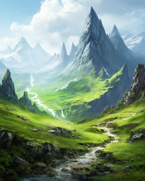 #mountains #landscape #green #fantasy Forest Kingdom, Fantasy Fields, Fantasy Village, Castle Painting, Mountain Background, Dragon City, Mountains Landscape, Landscape Concept, Fantasy City