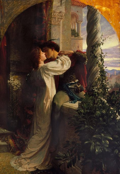 Representing the famous balcony scene from Romeo and Juliet • 1884 • oil on canvas Art Romantique, Frank Dicksee, Romantic Paintings, Rennaissance Art, Art Classique, Paintings Famous, Romance Art, Historical Painting, Antique Oil Painting