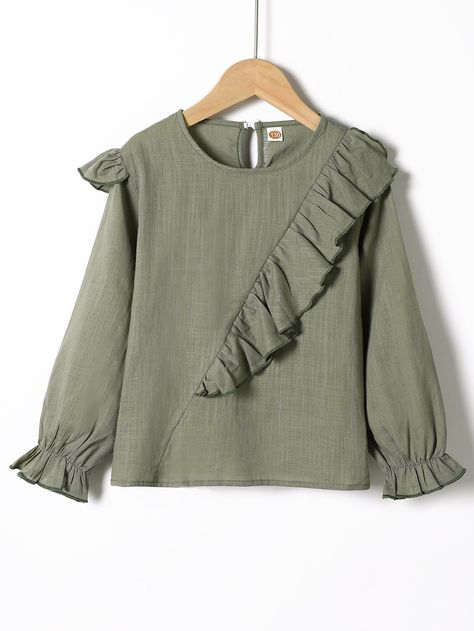 Army Green Cute  Long Sleeve Cotton Plain Top Embellished Non-Stretch Spring/Fall Girls Clothing Couture, Long Shirt Design, Ruffle Dress Outfit, Girls Top Design, Blouse Casual Fashion, Green Cute, Kids Dress Wear, Girls Fall Outfits