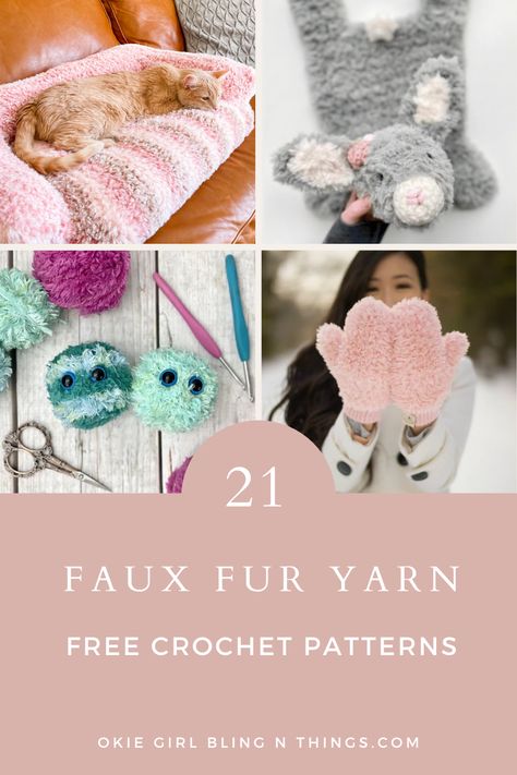 Don't know what to crochet with faux fur? Then this round up is just for you! It's filled with over 20 FREE crochet patterns that are made with faux fur! From faux fur amigurumi crochet patterns to wearable patterns, this round up has a little bit of everything. Amigurumi Patterns, Crochet Fur Yarn Projects, Faux Fur Yarn Crochet Projects, Crochet Faux Fur Patterns, Crochet With Faux Fur Yarn, Fuzzy Yarn Crochet Patterns, Faux Fur Yarn Projects, Faux Fur Yarn Crochet Patterns, Fur Yarn Projects