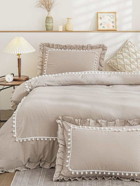 Pom Pom Decor Ruffle Duvet Cover Set Without Filler | SHEIN USA Bedsheets Ideas, Draps Design, Bed Sheet Painting Design, Bedsheets Designs, Duvet Cover Diy, Pom Pom Decor, Ruffle Duvet Cover, Bed Cover Design, Ruffle Duvet