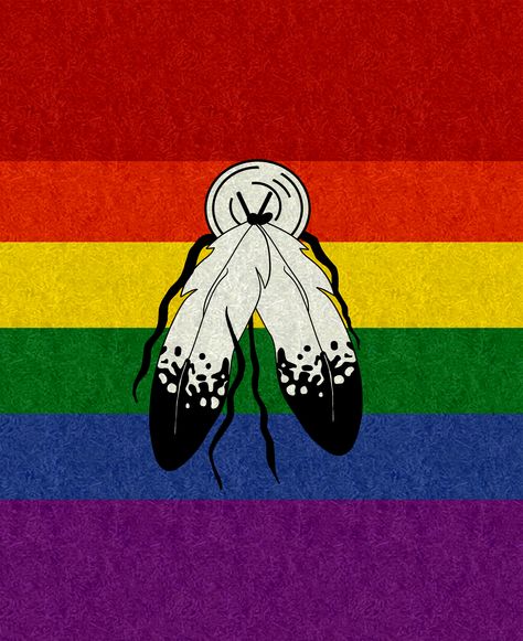 Large hi-res Two-Spirited pride flag colors red, orange, yellow, green, blue, purple, and feathers. Indigenous Two Spirit Art, Two Spirit Native Americans, Two Spirit Flag, Pride Mural, Gender Presentation, Lgbtq Poster, Taino Culture, Indigenous Pride, Indian Feather Tattoos