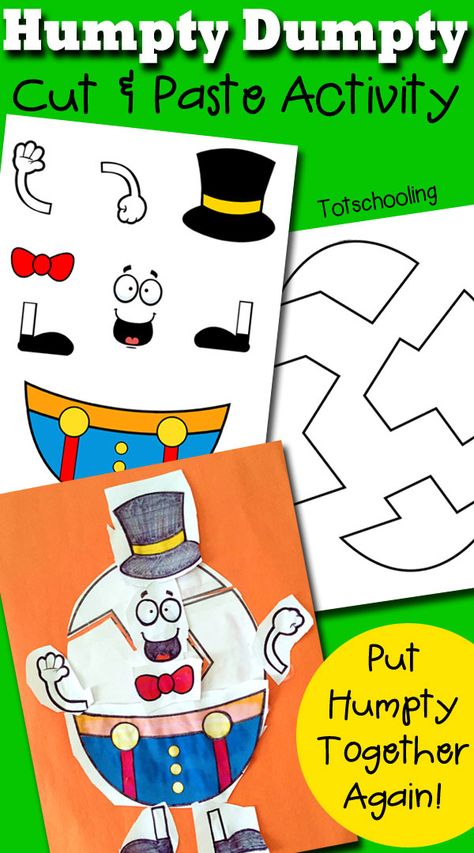 Humpty Dumpty Printable Cut & Paste Activity Preschool Rhyming Activities, Humpty Dumpty Activities, Rhyming Activities Preschool, Preschool Rhyming, Nursery Rhymes Preschool Crafts, Rhyming Preschool, Nursery Rhyme Crafts, Nursery Rhymes Preschool, Nursery Rhyme Theme