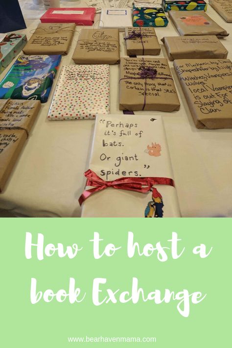 How To Host A Book Swap, Bookworm Party Games, Hosting A Book Swap, Book Exchange Basket, Holiday Book Club Party, Christmas Book Exchange For Kids, Book Swap Poster, Reading Party Ideas, Books And Booze Party