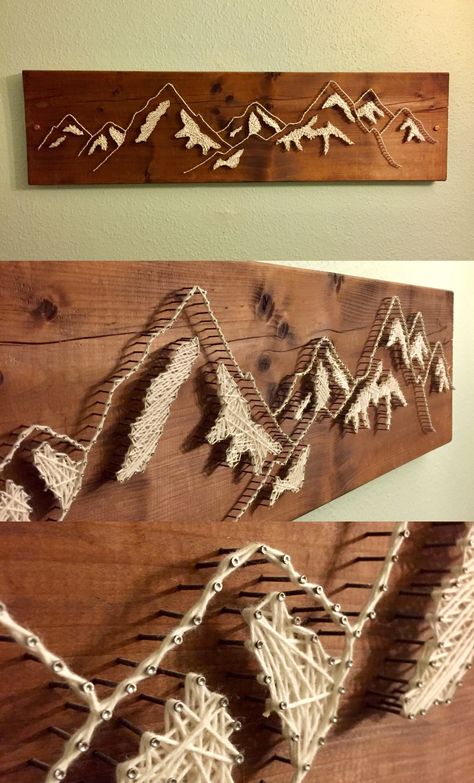 #stringart #mountain #diy Vertical Wood Art, Nail And Yarn Art Designs, Mountain Diy Craft, Diy Tree Wall Decor, Wood And Nail Art, Wall String Art, Cool Craft Ideas Diy, 4 H Project Ideas Unique, Diy Mountain Wall Art