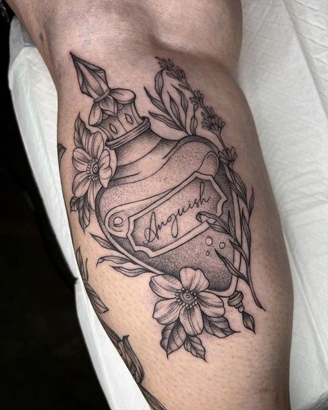 Gothic Potion Bottle Tattoo, Victorian Perfume Bottle Tattoo, Moonshine Jug Tattoo, Poison Flower Tattoo, Potion Vial Tattoo, Tattoo Potion Bottle, Crystal Potion Bottle Tattoo, Magical Tattoo Sleeve, Love Potion Tattoo Bottle