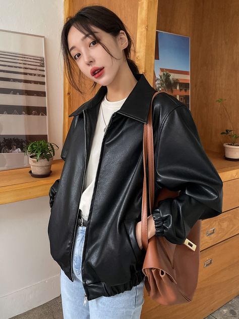 DAZY Slant Pockets PU Leather Jacket | SHEIN Collared Leather Jacket Outfit, Womens Leather Blazer Outfit, Leather Jacket Outfits Women Casual, Korean Leather Jacket Outfit, Black Leather Shacket Outfit, Leather Outfit Aesthetic, Black Jacket Outfit Women, Black Leather Jacket Outfit Women, Jacket Leather Outfit