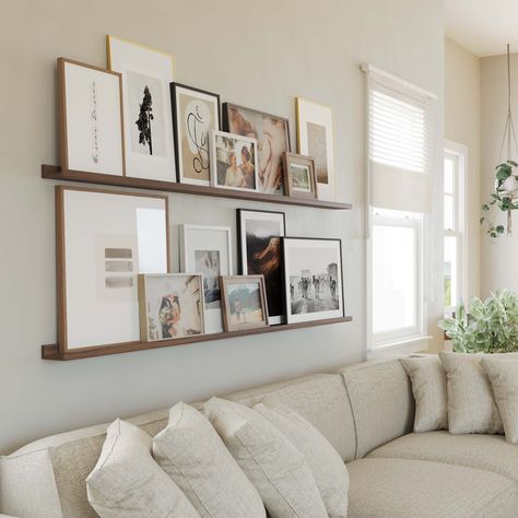 Display your beautiful photo frames or art frames to personalize your living room decor. Create a wall decor only with Denver 72'' walnut ledge wall shelves. Complement your home decor and turn any dull wall into a picture frames collage! This sleek floating shelf is perfect for creating an aesthetic room decor while saving space. Use this ledge shelf for wall to create a boho bedroom wall decor, cute nursery decor, living room decor, farmhouse kitchen decor and more! Wallniture Denver wall moun Shelves Pictures Wall, Shelves For Pictures On Wall, Morden Farmhouse Living Room Ideas, Floating Shelves With Frames, Vintage Wall Shelf Decor, Photo Frame Shelf, Photos Room Decor, Picture Ledge Shelf Above Couch, Home Photo Display Ideas