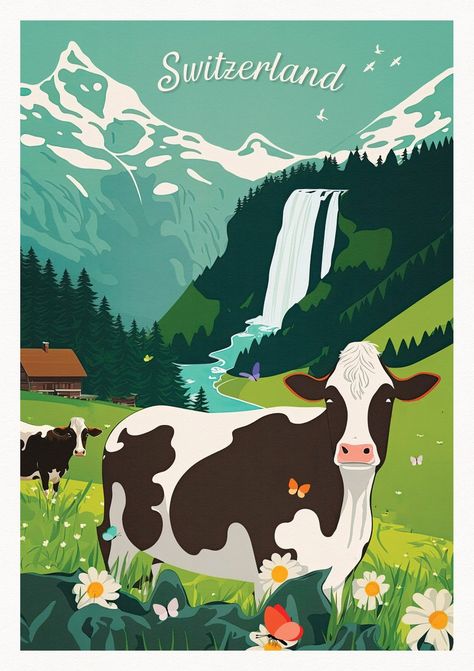 The Alps Switzerland, Switzerland Drawing Easy, Swiss Cows Switzerland, The Swiss Alps, Switzerland Aesthetic Vintage, Swiss Illustration, Travel Aesthetic Japan, Switzerland Decor, Swiss Alps Summer