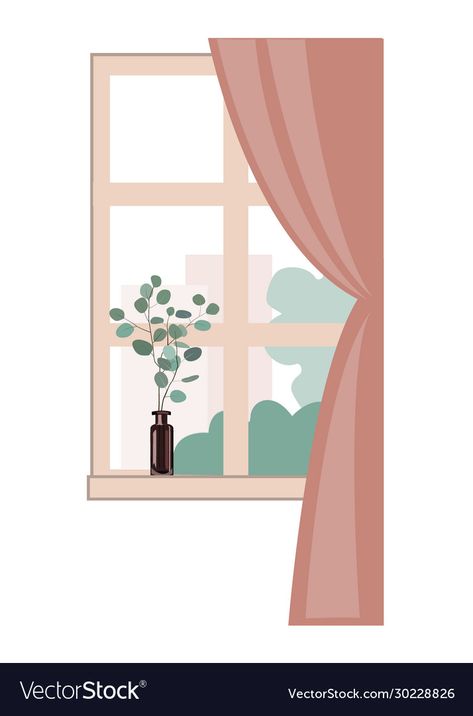 Curtain Illustration, Windows Aesthetic, Living Room Vector, Interior Design Vector, Window Vector, Illustration Window, Cute Window, Spring Interior Design, Loft Windows