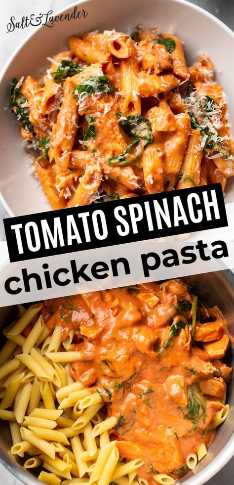 Chicken Spinach Roasted Red Pepper Pasta, Healthy Chicken Pasta Recipes Easy, Chef Dinner Ideas, Chicken Pasta With Spinach And Tomatoes, Lunch Ideas With Tomatoes, Roasted Tomato Chicken Pasta, Chicken And Roma Tomato Recipes, Marinara Chicken Pasta, Pasta Spinach Chicken