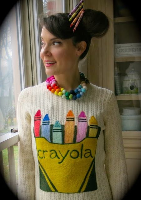 Cassie Stephens: Sweater Weather! Top Ten Fave Needle Felted Sweaters Couture, Book Parade, Crayon Costume, Art Teacher Outfits, Halloween Disfraz, Teacher Attire, Cassie Stephens, Teacher Wear, Teacher Dresses