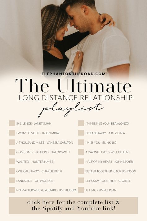 Looking for a few songs about LDRs? Then this ultimate long distance relationship playlist is perfect for you! Available on Spotify + Youtube! Long Distance Relationship Songs. Best Songs For Long Distance Relationships. Songs About Missing Someone. Elephant on the Road. Songs For Long Distance Friends, Song For Long Distance Relationship, Songs About Long Distance Relationships, Songs About Missing Him, Songs For Long Distance Relationships, Long Distance Playlist, Long Distance Date Night Ideas, Long Distance Songs, Long Distance Dates