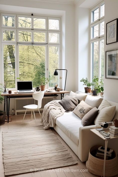 Tiny Office In Living Room, Small Home Office Inspiration Guest Room, Middle Of Room Desk Office Ideas, Small Office With Day Bed, Double Office Guest Room Combo, Office And Sofa Bed Ideas, Guest Room Daybed Office, Master Room With Office Space, Tiny Living Room Office Combo