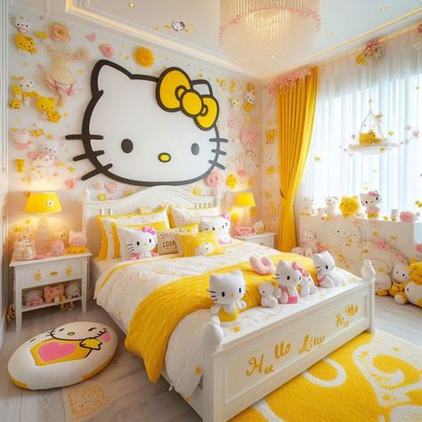 Yellow Hello Kitty, Hello Kitty Bathroom, Hello Kitty Room Decor, Kitty Room, Hello Kitty Decorations, Barbie Bedroom, Hello Kitty Bedroom, Cat Bedroom, Beautiful Bedroom Designs