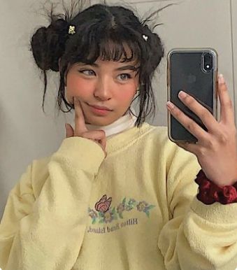 Indie Haircuts, Kawaii Hairstyles Short, Indie Haircut, Hair Bun Ideas, Space Buns Hair, Two Buns Hairstyle, Curly Hair Bun, Bun Ideas, Short Hair Accessories