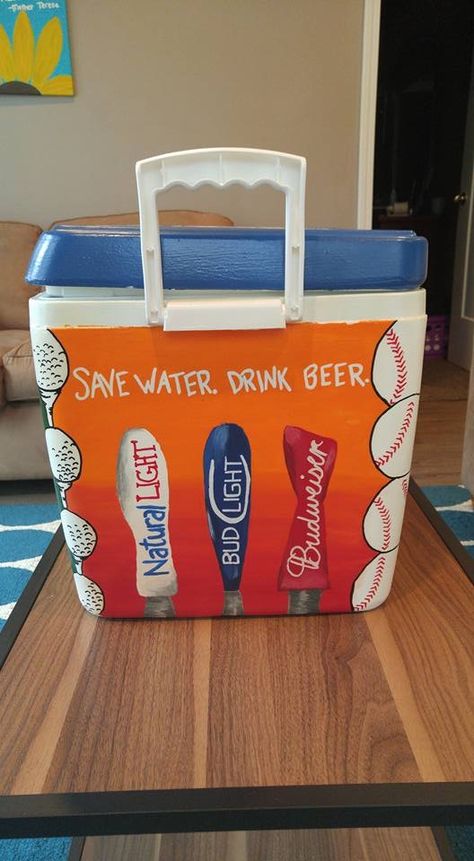 save water drink beer baseball golf cooler Frat Cooler Designs, Beer Pong Table Painted Ideas Boys, Ka Cooler, Ato Cooler, Mountain Weekend Cooler, Painted Fraternity Coolers, Nola Cooler, Formal Coolers, Sorority Coolers