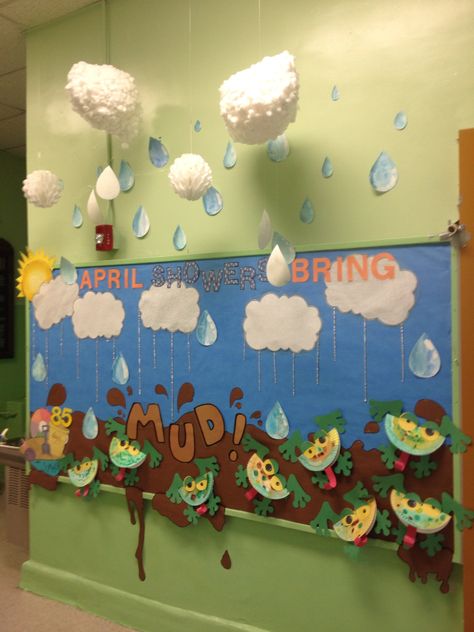 April showers bring MUD! April Showers Door Decorations Classroom, Rainy Day Bulletin Board Ideas, April Showers Bulletin Board, Summer Bulletin Board Ideas, Camping Bulletin Boards, Elementary School Bulletin Boards, April Bulletin Boards, Spring Classroom Door, Summer Bulletin Board