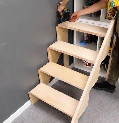 Space Saving Staircase Loft, Fold Up Steps, Stairs That Fold Against The Wall, Diy Folding Stairs, Foldable Stairs Space Saving, Folding Stairs Space Saving, Movable Stairs, Under Stairs Desk, Diy Storage Stairs