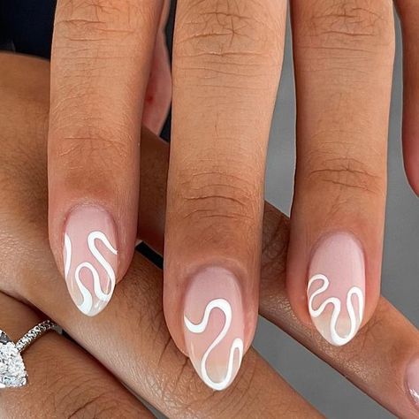 peachi nails on Instagram: "squiggle tips 🤍〰️ styled with the pear cut moissanite engagement ring from @theprestwickplace 💍 check out their page for more stunning moissanite & lab grown diamond pieces 💎 @colourmeprettynailsau gel polishes used: 🤍barely there 🤍french white - - - - #nails #peachinails #nailart #naildesign #wedding #weddingnails #manicure #mani #gelpolish #gelnails #nailinspo #nailinspiration #ring #engagementring #weddinginspiration #pinterest #diamond #beauty #salon #makeup Madrid, Line Nail Designs, White Gel Nails, Bridal Nails Designs, Engagement Nails, Swirl Nails, Line Nail Art, Milky Nails, Lines On Nails