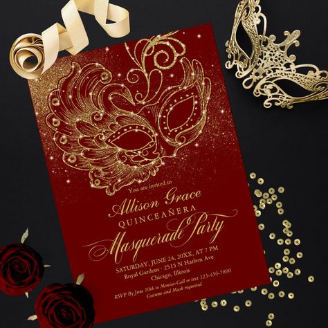 Burgundy Gold Quinceanera Masquerade Invitation Quince Invitations Masquerade, Burlesque Party Invitations, Masquerade Invitations Quinceanera, Mascarade Ball Quince Theme, Masquerade Quinceanera Ideas Dresses, Masquerade Save The Date, Masquerade Party Decorations Red Black Gold, Masquerade Themed Wedding, Masquerade Party Decorations Red