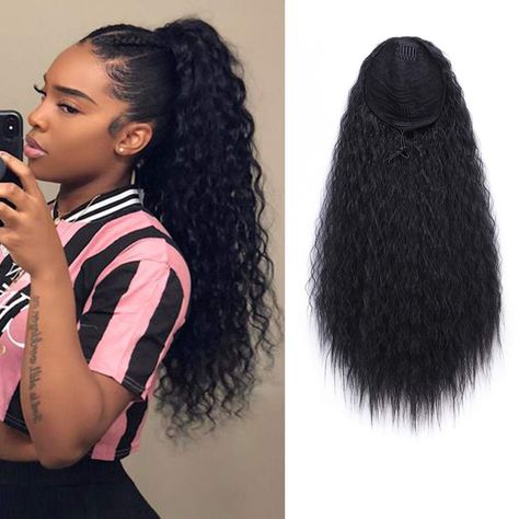 Drawstring Ponytails For Black Women, Ponytails For Black Women, Curly Ponytail Weave, Long Hair Ponytail Styles, High Curly Ponytail, Black Corn, Long Ponytail Hairstyles, Curly Hair Ponytail, Long Ponytail