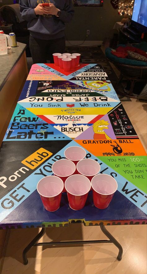 Homemade Ping Pong Table, Frat Pong Tables, Diy Beer Pong Table Designs Easy, Twisted Tea Pong Table, Beer Bong Painted Table, Homemade Beer Pong Table, Custom Pong Table Ideas, Beer Die Table Design, Ping Pong Table Painted Design