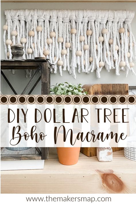 DIY Mop String Macrame Decor - Easy Decor DIY Tutorial Where To Hang Macrame, Yarn Curtains Diy, Dollar Tree Mop Crafts, Homemade Macrame Wall Hangings, Diy Boho Tapestry, Boho Macrame Decor, Diy Bohemian Decor Crafts Living Room, Macrame Classroom Decor, Dollar Tree Macrame Diy