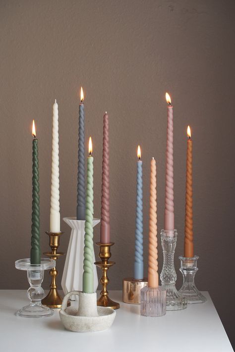 Cluster Of Candles, Candle Stick On Table, Colorful Candles Wedding Table, Simple Wedding Candles, Home Candle Decor, Sage Green Candle Aesthetic, Giant Candles Decor, Taper Candle Display Retail, Candle Sticks Aesthetic