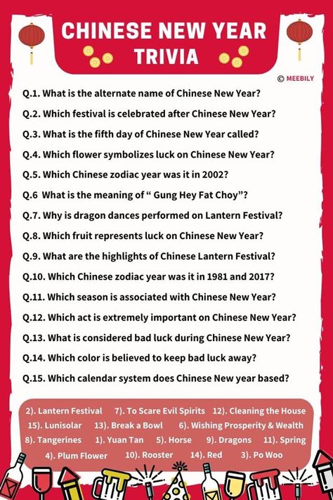 You think you know everything about Chinese New Year? Wait no more and take the ultimate Chinese New Year Trivia questions & answers quiz. #Worksheet  #Chinese New #Chinese_New_Year #Trivia #questions  #answers #quiz Lunar New Year Games For Kids, Chinese New Year Games For Adults, Lunar New Year Games, Kahoot Questions, Chinese New Year Games, New Year Trivia, New Year Questions, Question Image, Chinese New Year Facts