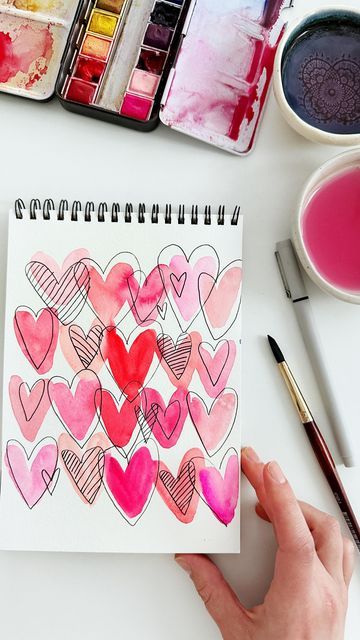 Anna Koliadych on Instagram: "Watercolor doodling ❤️💕💌 is all about pink, love, and Valentine’s Day inspiration 😉 #watercolor #watercolortutorial #watercolorillustration #valentinesday" Watercolour Valentines Day Card, Cute Watercolor Valentine Cards, Valentine Card Ideas For Friends Diy Valentine's Day, Valentine Card Watercolor Diy, Valentine Cards Painted, Easy Valentine Watercolor, Valentines Cards Handmade Watercolor, Handmade Valentine’s Day Cards, Valentine’s Day Watercolor Painting