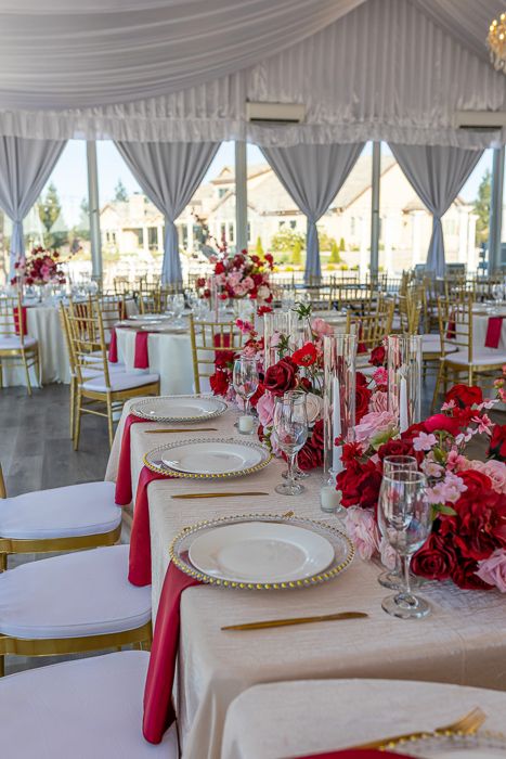 Pink Red And Gold Wedding Theme, Fuschia And Red Wedding, Red And Pink Wedding Reception, White Pink And Gold Wedding Decor, Pink And Red Roses Wedding, Red And Rose Wedding Theme, Red Pink Peach Wedding, Red Pink And Gold Quinceanera, Sweet 16 Red And Pink Theme