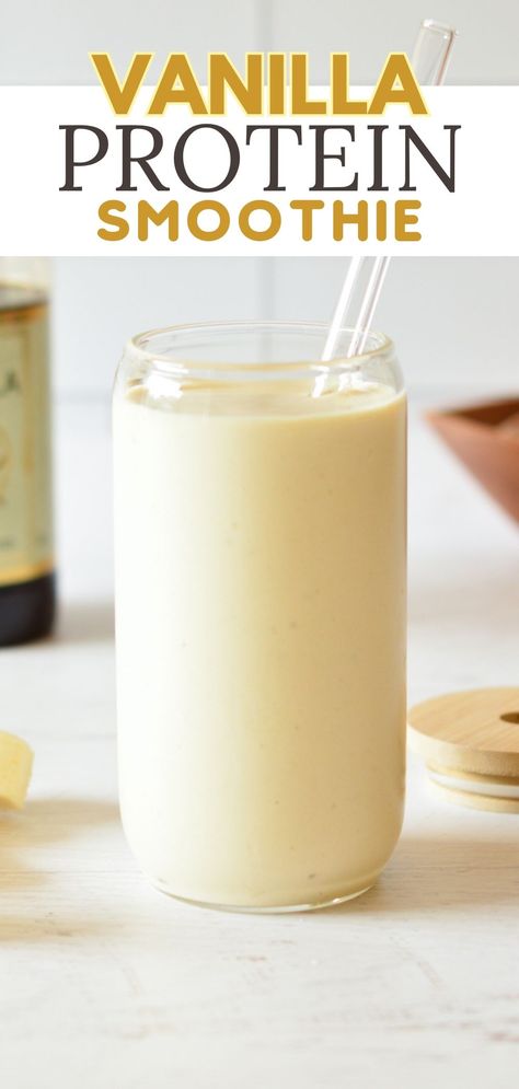 vanilla smoothie Healthy Vanilla Smoothie, Vanilla Protein Smoothie Recipes, Vanilla Protein Powder Smoothie, Vanilla Yogurt Smoothie, Vanilla Protein Shake Recipes, Protein Powder Smoothie Recipes, Protein Powder Recipes Shakes, Vanilla Smoothie Recipes, Whey Protein Smoothies