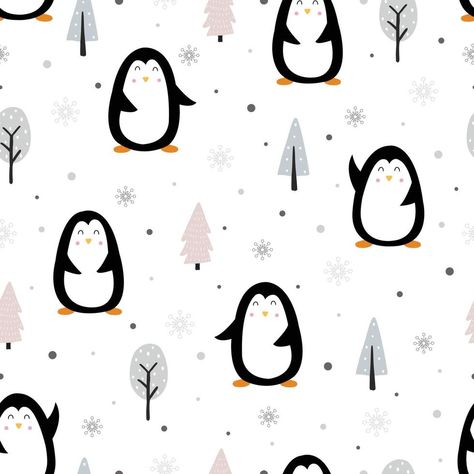 Seamless vector Penguin pattern standing on the snow and flakes with pine trees. Used for cloth, fashion, textiles Winter Seamless Pattern, Pinguin Illustration, Penguin Wallpaper, Fashion Textiles, Penguin Pattern, Art Clip, Winter Animals, Winter 2024, Baby Born