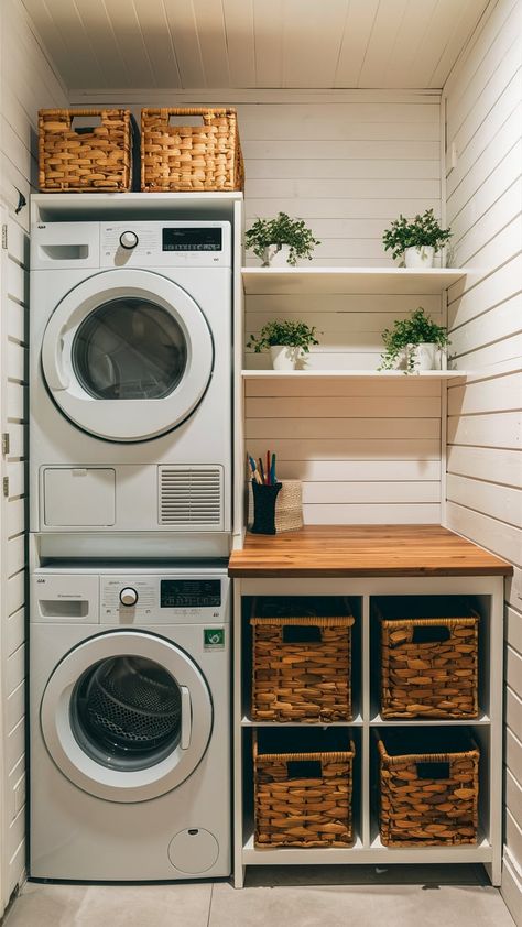 9 Stackable Small Laundry Room Ideas – The DIY Desire Small Laundry Room In Kitchen Ideas, Laundry Room Closet Stackable, Tiny Laundry Room With Stackable Washer And Dryer, Pantry With Laundry Room Ideas, Closet Utility Room, Remodel Laundry Room Ideas, Remodeled Laundry Room Small, Drying Rack In Small Laundry Room, Small Laundry Room In Closet