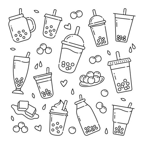 Easy Boba Drawings, Simple Boba Drawing, Boba Tea Drawing Easy, Boba Illustration Cute, Boba Cup Drawing, Boba Tattoo Drink, Coloring Stickers Printables, Boba Doodle Art, Cute Boba Coloring Pages