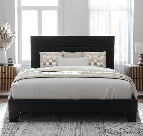 Allewie Queen Size Platform Bed Frame with Velvet Upholstered Headboard and Wooden Slats Support, Fully Upholstered Mattress Foundation/No Box Spring Needed/Easy Assembly, Black Black Wood Bed, Queen Platform Bed Frame, Black Bed Frame, King Size Platform Bed, Cama King Size, Lit King Size, Full Size Bed Frame, Velvet Headboard, Queen Size Platform Bed