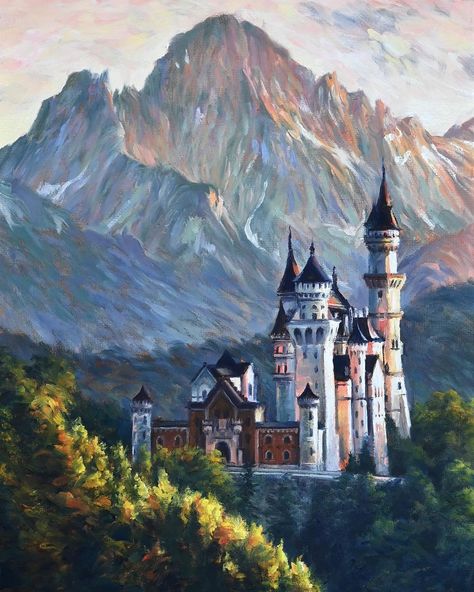 Tela, Painting Of A Castle, How To Paint A Castle, Castles Paintings, Castle Painting Ideas, Landscape Painting Reference, Magical Acrylic Painting, Castle Painting Acrylic, Landscapes To Draw